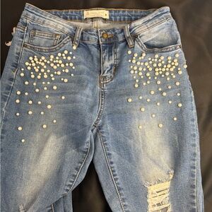 Angel Kiss Blue Pearl-Embellished Women’s Jeans